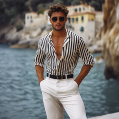 Men's Spring And Summer Fashion Vertical Striped Long Sleeve Shirt MTA1778C1K