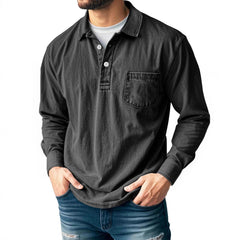 Men's Casual Long Sleeve Button-Up Polo Shirt with Chest Pocket