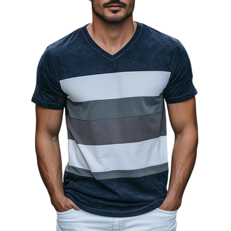 Men's Spring Fashion Personality Slim V-neck Suede Splicing Short Sleeve T-shirt MTA0880D2K