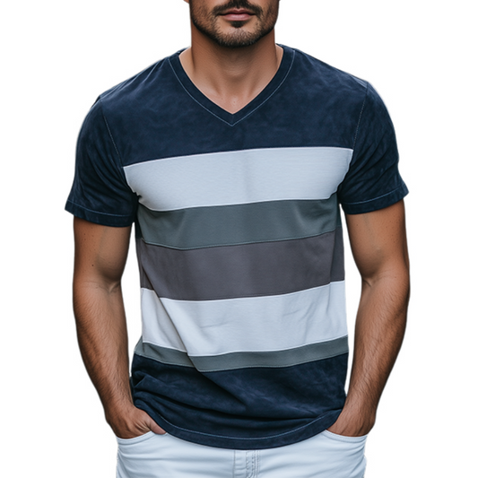 Men's Spring Fashion Personality Slim V-neck Suede Splicing Short Sleeve T-shirt MTA0880D2K