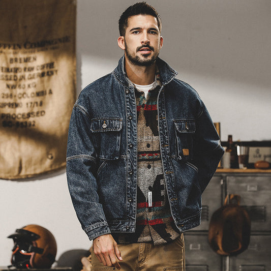 Men's Retro Denim Jacket - Single-Breasted, Cotton-Polyester Denim, Multi-Pocket, Spring & Autumn