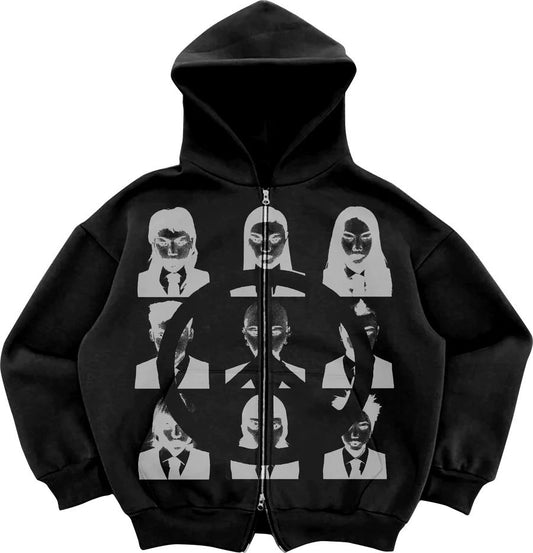 Hooded Sweatshirt with Bold Graphic Design and Zip-Up Closure