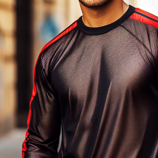 Men's Sports And Casual Sunscreen Mesh Striped Splicing Round Neck Long Sleeve T-Shirt MTA0943D9TO