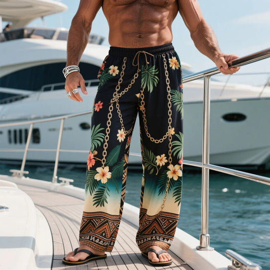 Tropical Floral Print Lounge Pants with Chain Detail for Men