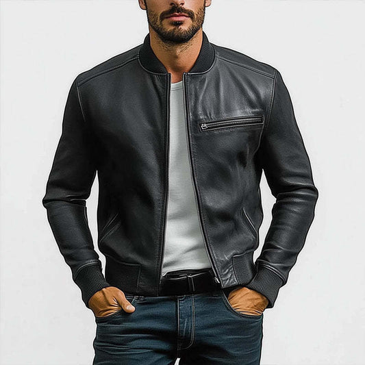 Men's Spring And Autumn Pure Black PU Leather Jacket MTA2853C7U