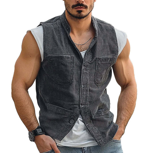 Men's Vintage Corduroy Stand Collar Multi-Pocket Vest MTA1706C4X