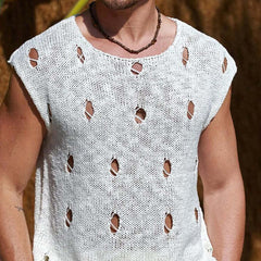 Men's Solid Color Ripped Crew Neck Knit Tank Tops MTA2813C9X