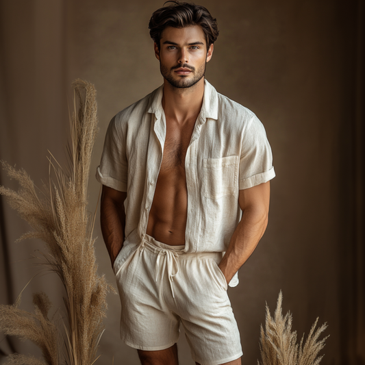 Men's Casual Linen Lapel Short-sleeved Shirt Loose Shorts Set 09751807M