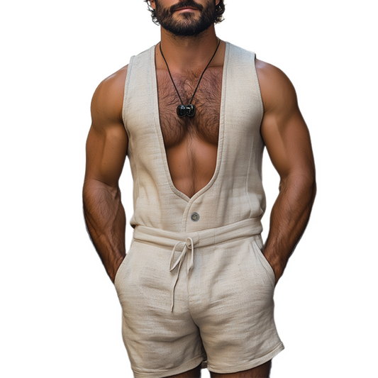 Men's Spring And Summer Fashion Leisure Deep V Neck Cotton And Linen Tank Top Shorts Jumpsuit MTA0943D1K