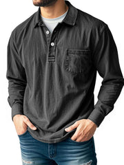 Men's Casual Long Sleeve Button-Up Polo Shirt with Chest Pocket