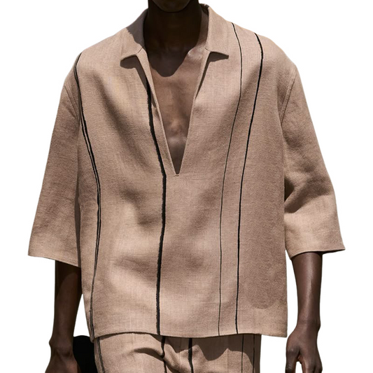 Men's Spring And Summer Fashion Casual V-neck Cotton And Linen Three-quarter Sleeve Shirt MTA0831D6K