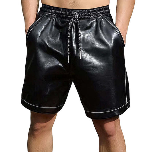 Men's Summer Basics Pure Black Loose Leather Shorts MTA0246D0U