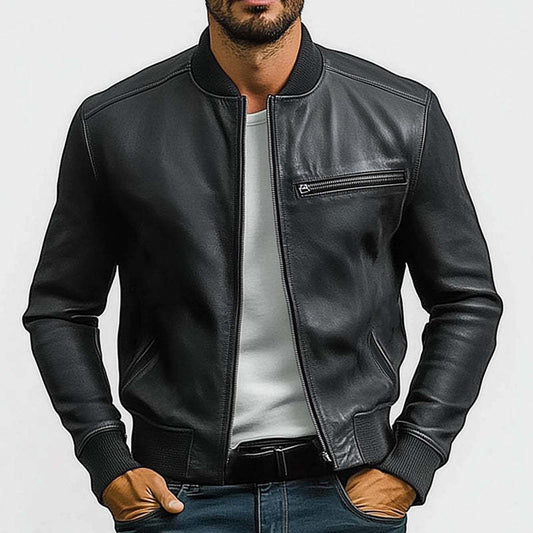 Men's Spring And Autumn Pure Black PU Leather Jacket MTA2853C7U
