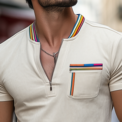 Men's Spring And Summer Fashion Casual V-neck Zipper Suede Short-sleeved T-shirt MTA0817D1K