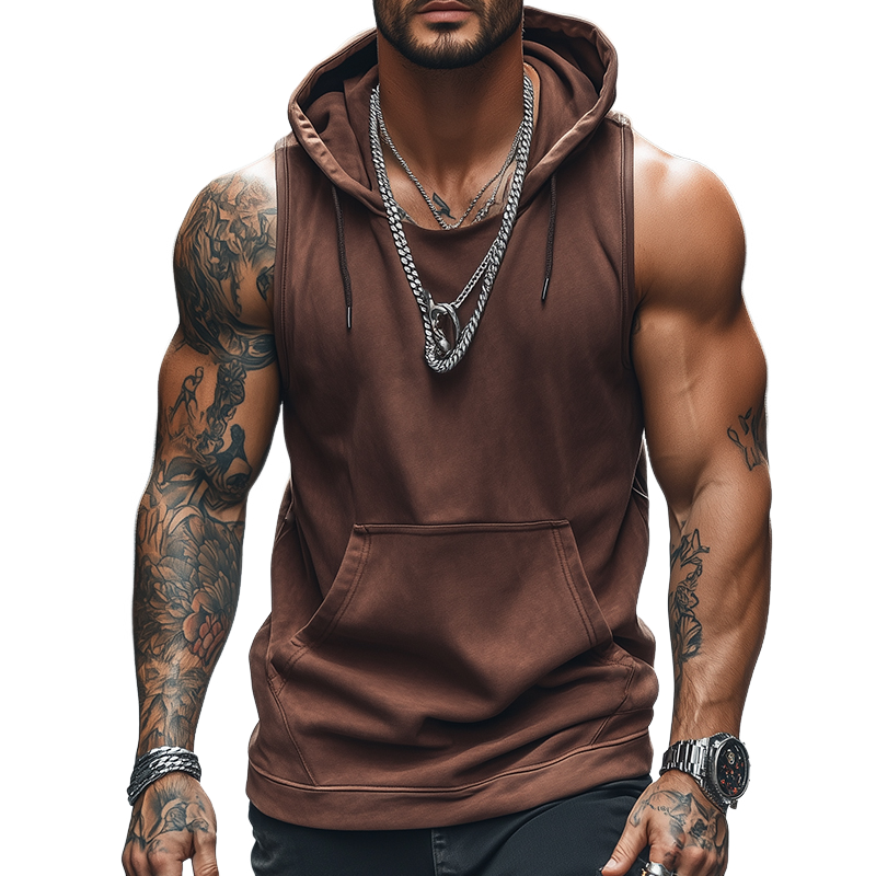 Men's Retro Casual Solid Color Sports Hooded Tank Top MTA1719C3TO