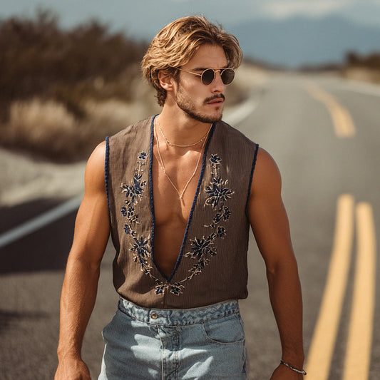 Boho Chic Embroidered Vest with Denim Shorts