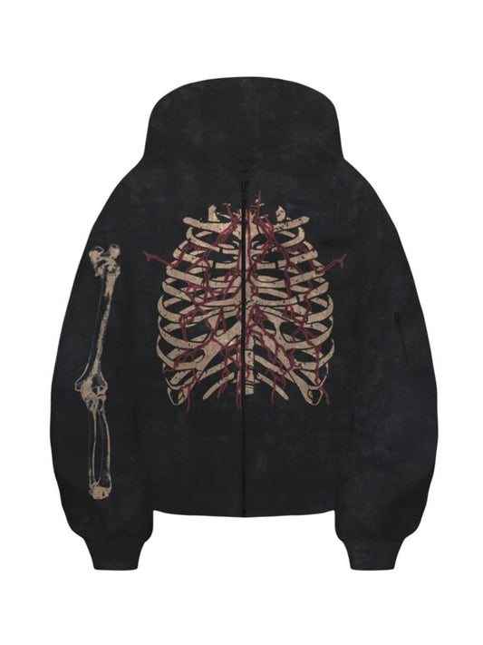 Skull Skeleton Design Hoodie And Eagle Emblem Zip-Up Sweatshirt