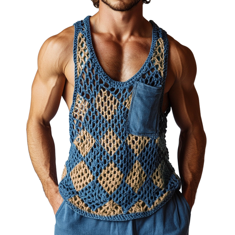 Men's Vintage Diamond Knit Crew Neck Tank Top MTA0848D9TO