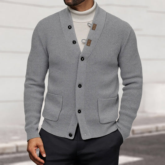 Stylish Men's V-Neck Cardigan Sweater with Unique Toggle Closure
