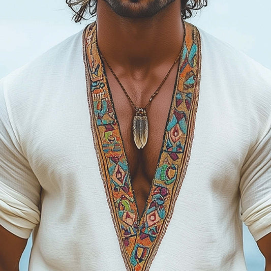 Men's Summer V-neck Retro Embroidery Casual Long Sleeve T-shirt MTA0958D6U