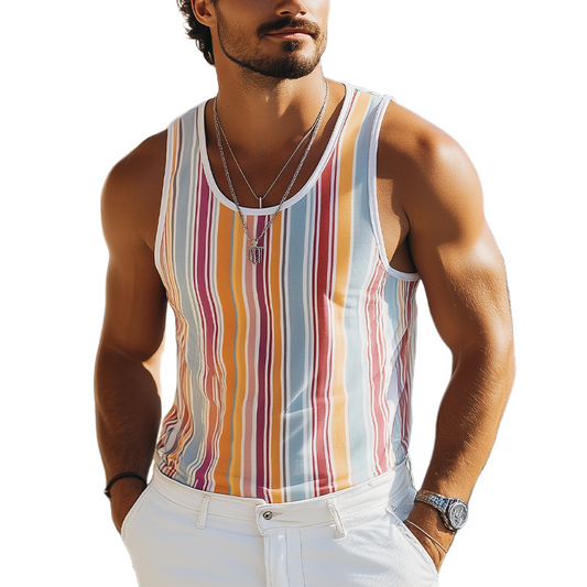 Men's Summer Fashion Casual Contrast Vertical Stripes Printed Tank Top MTA2224C3K