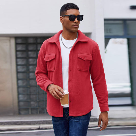 Red Button-Up Fleece Shirt Jacket with Chest Pockets