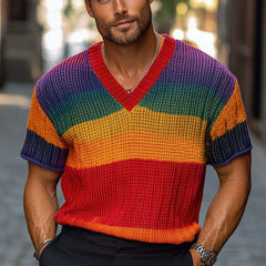 Men's Rainbow Stripe Knitted Short Sleeve Sweater T-Shirt MTA1765C4X