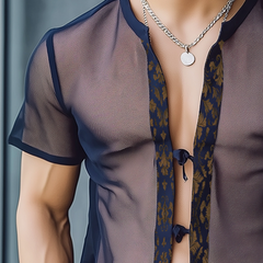 Men's Retro Casual Baroque Print Mesh Tie Short Sleeve Shirt MTA0251D8TO
