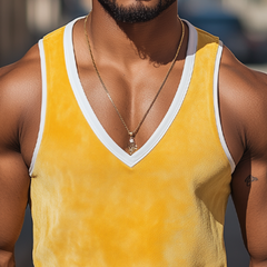 Men's Summer Fashion Personality Leisure Deep V-neck Bright Color Stitching Suede Tank Top MTA0384D5K