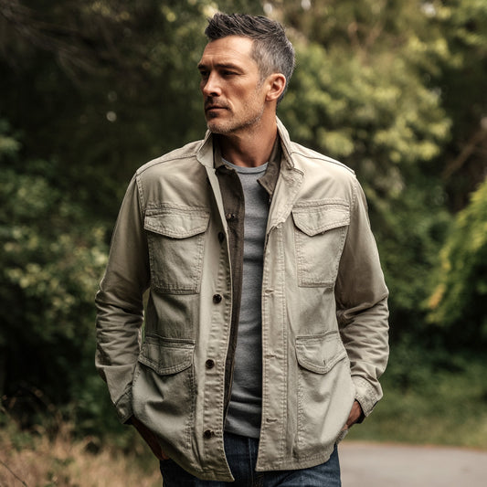 Casual Khaki Jacket with Multiple Pockets
