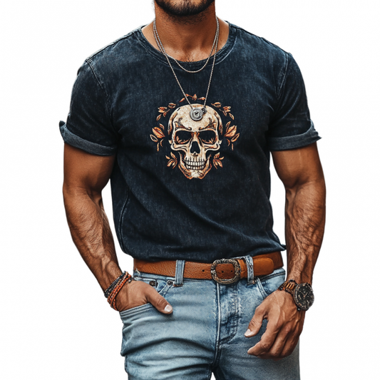 Men's Retro Denim Washed Skull Print Round Neck Slim Fit Short Sleeve T-Shirt 79843623M