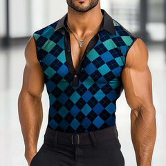 Men's Casual Diamond Mesh Print Lapel Tank Top MTA0974D1TO