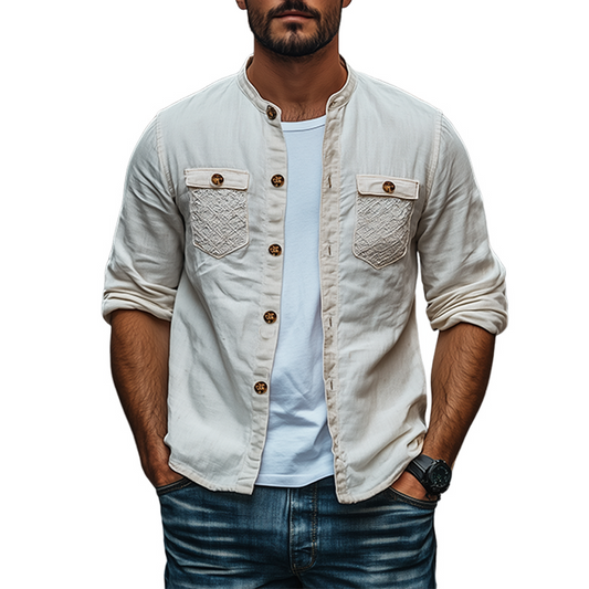 Men's Spring Fashion Personalized Lace Pocket Stitching Cotton And Linen Long Sleeve Shirt MTA2673C5K