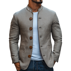 Men's Classic Retro Casual Stand-up Collar Embroidered Thin Cotton And Linen Slim Jacket MTA2419C0K
