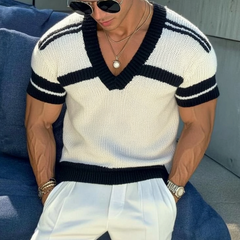 Men's Casual V-neck Striped Jacquard Slim Fit Knitted Short-sleeved Sweater T-Shirt 13072472M