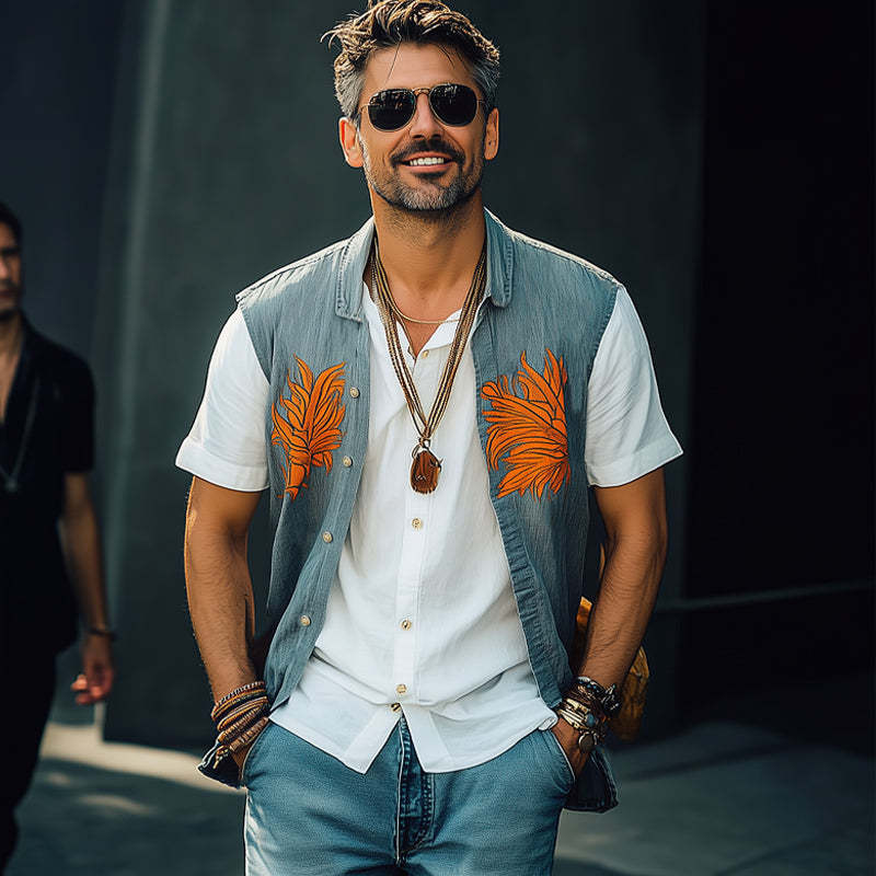Men's Summer Washed Denim Colorblock Embroidered Vest MTA2276C6U