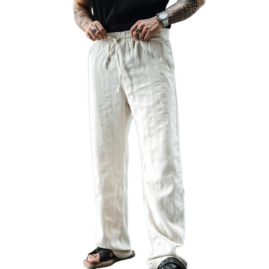 Men's Solid Cotton And Linen Mid Waist Straight Casual Pants MTA0192D1Z