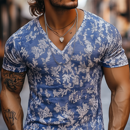Men's Fashion Casual V-neck Slim Fit Cotton Burnout Fabric Short Sleeve T-shirt MTA2593C9K
