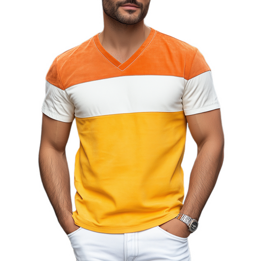 Men's Spring And Summer Personality Casual V-neck Bright Suede Splicing Short-sleeved T-shirt MTA0894D3K