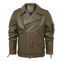 Classic Biker Jacket With Multiple Pockets And Zipper Details
