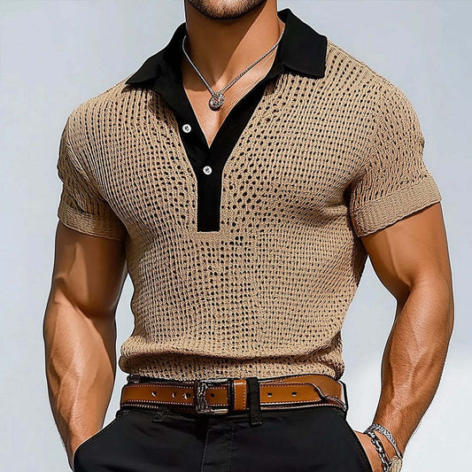Men's Retro Hollow Knitted Patchwork Short-Sleeved Polo Shirt MTA0720D1TO