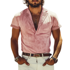 Men's Spring Fashion Casual Deep V-neck Slim Fit Embroidered Suede Short Sleeve T-shirt MTA3128C4K