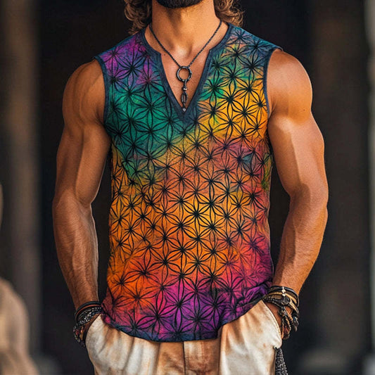 Men's Vintage Casual Flower Of Life Printed V-Neck Tank Top MTA2781C1TO