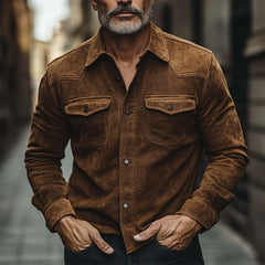 Men's Vintage Brown Suede Long Sleeve Shirt 12649144U