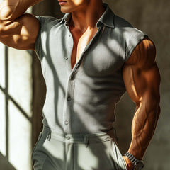 Men's Retro Casual Striped Slim Lapel Sleeveless Shirt 04498037TO