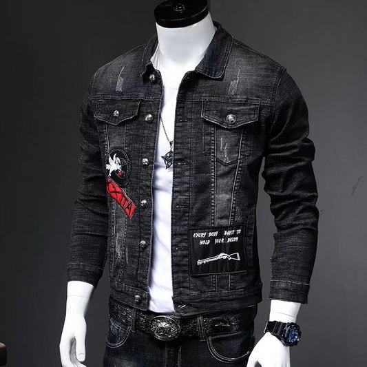 Stylish Men's Denim Jacket with Unique Embroidery and Patches - Perfect for Casual and Trendy Looks