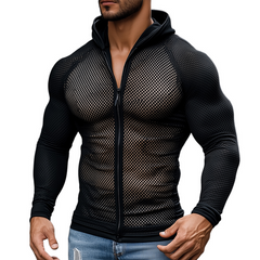 Men's Retro Casual Mesh Fabric Splicing Hooded Zipper Sports Long Sleeve T-Shirt MTA2578C3TO