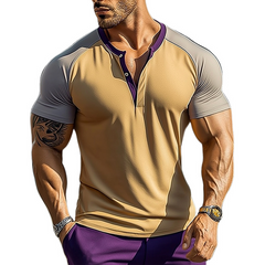 Men's Retro Casual Cotton Colorblock Henley Collar Short Sleeve T-Shirt MTA0210D0TO