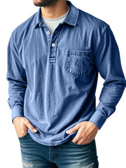 Men's Casual Long Sleeve Button-Up Polo Shirt with Chest Pocket