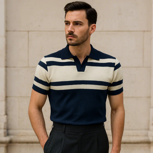 Men's Knitted Lapel Striped Short Sleeve POLO Shirt MTA1928C4X